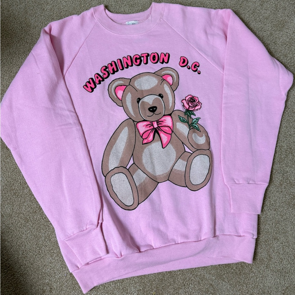 Vintage 90s Fruit of the Loom Washington DC Teddy Bear Sweatshirt Pink USA Made